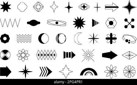 Y2k elements geometric shape and stars. Minimalist 80s graphic symbols. Futuristic, cyberpunk retro design. Arrow and sphere, decent black vector Stock Vector
