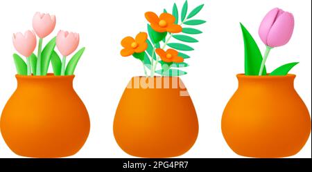 Spring flowers 3d bouquets in pots or clay vases. Plasticine flower, pink tulips and green leaves. Isolated decorative realistic vector floral Stock Vector