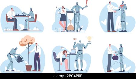 Android robotics and people work. Robot vs human in job, competition and collaboration scenes. Flat cartoon managers, business analytics kicky vector Stock Vector