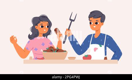 Young cook cooking, happy students tasted food homemade. Woman and man on kitchen, boy chef and girl hold fried chicken. Funny cartoon vector culinary Stock Vector