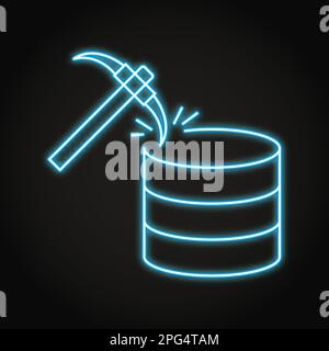 Data mining neon icon in line style. Data collecting, analysis process. Database and pickaxe symbol. Vector illustration. Stock Vector