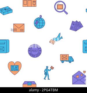 Postal service seamless pattern in colored line style. Vector illustration. Stock Vector