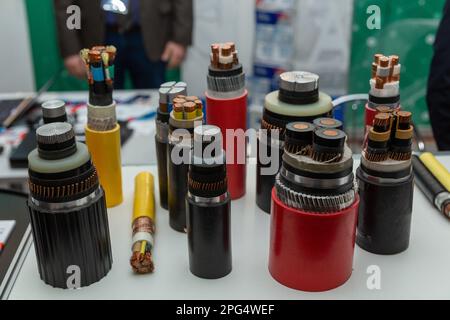 Cross section of high-voltage power cable in the section in the showcase of the exhibition. Thick copper and aluminium veins are surrounded by a thick Stock Photo