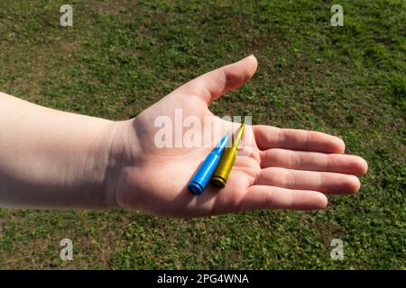 Yellow and blue rifle cartridge in hand against the background of green grass (national symbols of Ukraine). Concept of military support for Ukraine Stock Photo