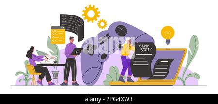 Game developers. Designers and screenwriters. Programmers working on digital product. Professionals create gaming characters and play script. People Stock Vector