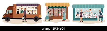 Shop booths with people. Products market stalls. Bread and pastries. Local marketplace. Seafood van kiosk. Vegetables or fruits retail. Street store Stock Vector