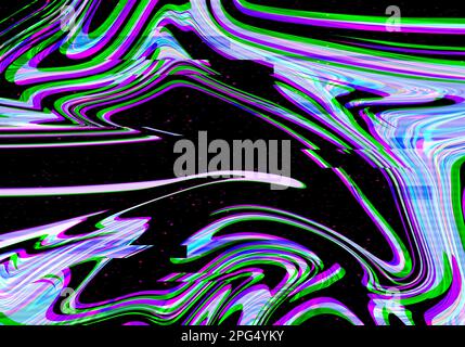 Abstract creative background with contemporary liquid paint texture and VHS glitch artifacts. Holographic synthwave illustration.. Stock Photo