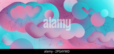 Trendy spectral background with holographic liquid elements and triangular polygonal mesh. Abstract graphic design template in contemporary vapor wave Stock Photo