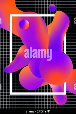 Trendy spectral poster mockup with melting holographic primitive amorphous shapes and grid. Contemporary abstract graphic design template. Retro futur Stock Photo