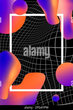 Suprematic creative poster mockup with acid colorful amophous shapes and distorted grid backdrop. A4 retro futuristic background with copy space for f Stock Photo
