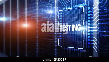 Inscription Testing. Business Process on Electronic Circuit Board Chip. Stock Photo