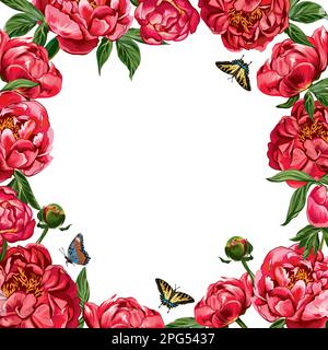 Peony frame. Vector illustration. Red vector peonies. Stock Vector