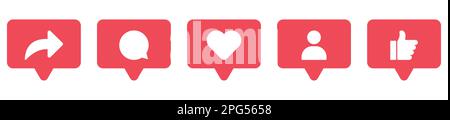 Social media notification icons. Share, comment, like, love, follow, thumbs up icons. Symbol for website design, logo, app, UI. Vector illustration, E Stock Vector