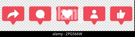 Social network icons. Share, comment, like, love, follow, thumbs up icons. Vector illustration isolated on transparent background Stock Vector