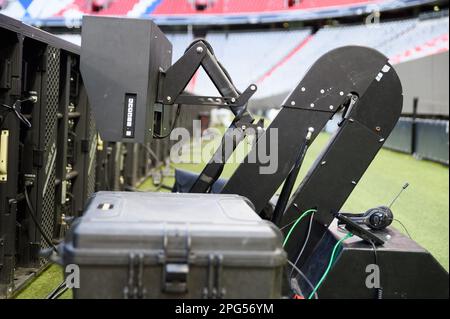 Munich, Germany, Mar 20th 2023: VAR technics inside the Allian Arena during the UEFA womens champions league MD-1 training before Arsenal at Allianz Arena, München.  (Sven Beyrich/SPP) Stock Photo