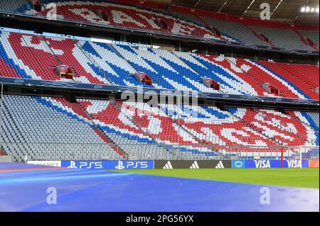 Munich, Germany, Mar 20th 2023: Empty Nordkurve and Bayern Munich logo before the UEFA womens champions league MD-1 training before Arsenal at Allianz Arena, München.  (Sven Beyrich/SPP) Stock Photo