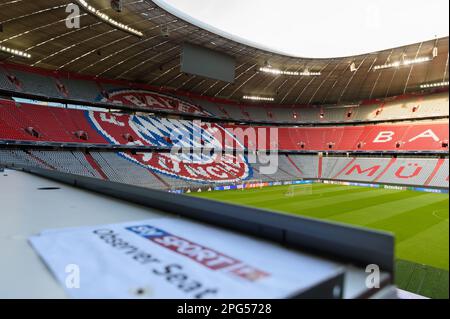 Munich, Germany, Mar 20th 2023: Empty Nordkurve with Bayern Munich logo before the UEFA womens champions league MD-1 training before Arsenal at Allianz Arena, München.  (Sven Beyrich/SPP) Stock Photo