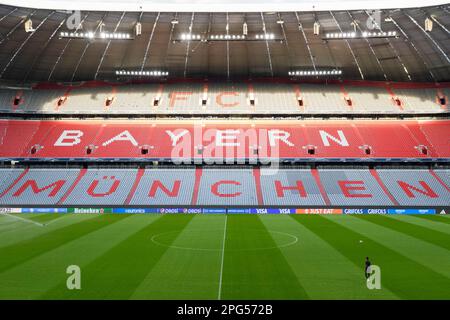 Munich, Germany, Mar 20th 2023: Empty Allianz Arena in the evening sun before the UEFA womens champions league MD-1 training before Arsenal at Allianz Arena, München.  (Sven Beyrich/SPP) Stock Photo