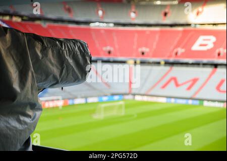 Munich, Germany, Mar 20th 2023: TV Camera at the Allianz Arena before the UEFA womens champions league MD-1 training before Arsenal at Allianz Arena, München.  (Sven Beyrich/SPP) Stock Photo