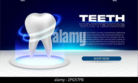 Laser teeth whitening futuristic style banner. White tooth in technological room on round pedestal illuminated by blue light. Artificial tooth implant Stock Vector