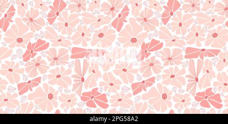 Seamless pattern with groovy daisy flowers. Floral horizontal transparent background. Vector Illustration. Aesthetic modern art hand drawn for wallpap Stock Vector
