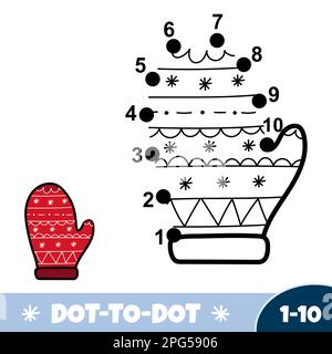 Winter dot to dot game for kids. Connect 1-10 numbers activity page for toddlers with a mitten Stock Vector