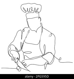 The chef cuts the ingredients in one line on a white background.  Stock Vector