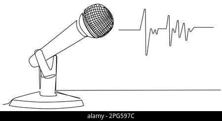 Studio microphone with sound waves in one line on a white background.  Stock Vector
