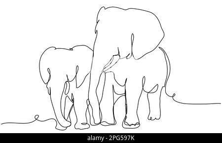 Two elephants in one line on a white background.  Stock Vector