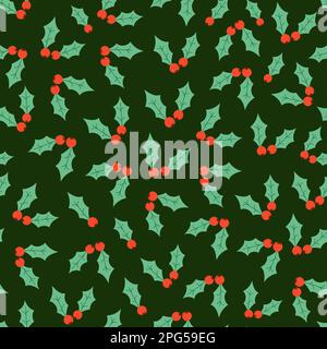 Christmas seamless pattern with mistletoe berries. Green merry xmas background Stock Vector