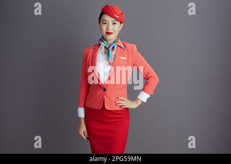 modern asian female flight attendant in red skirt, jacket and hat uniform isolated on grey background. Stock Photo