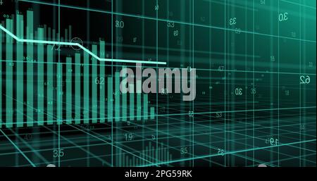 Image of green graph and data processing over 3d grid Stock Photo