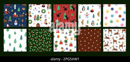 Set of 10 cute Christmas seamless patterns. Winter season backgrounds bundle Stock Vector