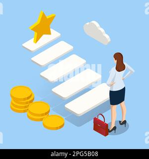 Isometric Growth Opportunity and Success Stair. Business woman standing on ladder up go to success in career. Achievement, Character, Leader Stock Vector