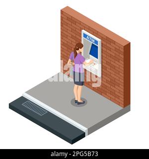 Isometric woman waiting for the credit card inserting from ATM Machine. ATM service machine of a bank. Automated teller machine Stock Vector