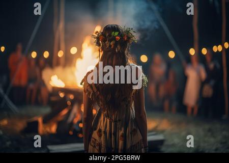 Beltane Celebration: Woman Participating in a Ritual Around a Bonfire ...