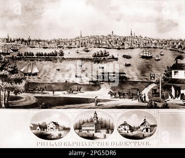 1700s 1735 DELAWARE RIVER AND CITY SKYLINE FROM NEW JERSEY ILLUSTRATION FROM AN OLD LITHOGRAPH BY F J WADE PHILADELPHIA PA USA - p3585 LAN001 HARS 1700s BLACK AND WHITE CITY OF BROTHERLY LOVE OLD FASHIONED RIVERS Stock Photo