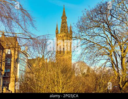 Sunny Glasgow university main building and its gothic clock tower in the sunshine Stock Photo