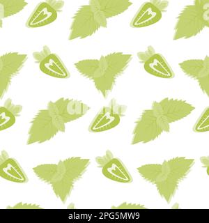 Seamless pattern half a strawberry with mint leaves in trendy monochrome shades green. Flat lay. Isolate. Hello summer. Happy mint day. Design for wrapping, poster or greeting card, price, banner. EPS Stock Vector