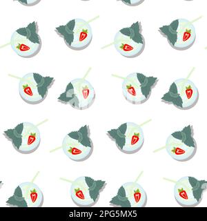 Seamless pattern of mojito cocktail with half a strawberry and mint leaves in a glass with straw and ice cubes. Flat lay. Isolate. Strawberry day. Design for poster or greeting card, price tag. EPS Stock Vector
