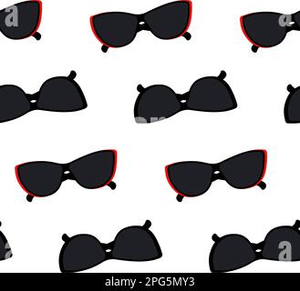 Seamless pattern with sunglasses in red and black frame. Flat lay. Happy sunglasses day. Summertime. Isolate. Hello summer. Design for wrapping, poster, card or greeting, price or label, banner. EPS Stock Vector