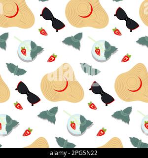 Seamless pattern with beach wide brimmed straw hat, sunglasses, half a strawberry and mint leaves. Flat lay. Isolate. Hello summer. Design for wrapping, poster, card or greeting, price or label. EPS Stock Vector
