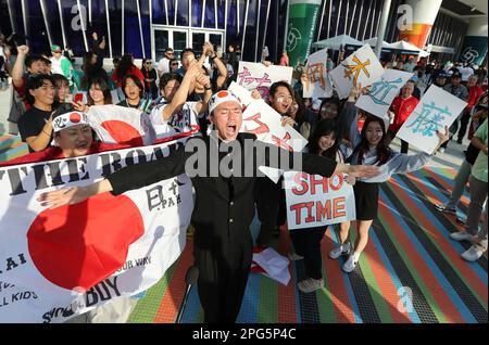 Miami, United States. 20th Mar, 2023. Japanese baseball fans cheer prior to the 2023 World Baseball Classic semifinal game between Japan and Mexico in Miami, Florida on Monday, March 20, 2023. Photo by Aaron Josefczyk/UPI Credit: UPI/Alamy Live News Stock Photo