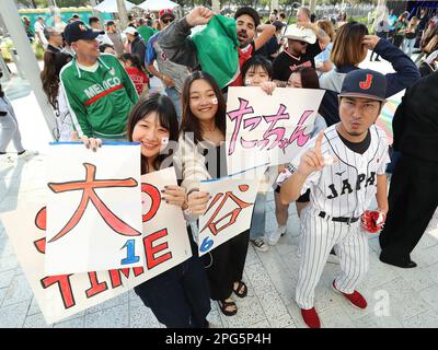 Miami, United States. 20th Mar, 2023. Japanese baseball fans pose for a photo prior to the 2023 World Baseball Classic semifinal game between Japan and Mexico in Miami, Florida on Monday, March 20, 2023. Photo by Aaron Josefczyk/UPI Credit: UPI/Alamy Live News Stock Photo