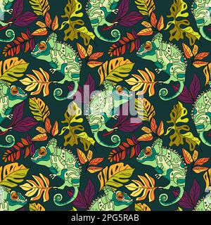 Seamless floral pattern with chameleons and tropical leaves vector illustration Stock Vector