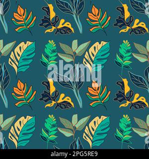 Seamless botanical pattern with tropical leaves and plants vector illustration Stock Vector