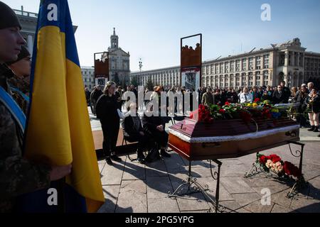 Kyiv, Ukraine. 20th Mar, 2023. Relatives mourn at the coffin with the body of Bizhan Sharopov, Ukrainian serviceman and widely known biologist during his funeral ceremony at the Independence Square in Kyiv. (Photo by James McGill/SOPA Images/Sipa USA) Credit: Sipa USA/Ģ����ý Live News Stock Photo