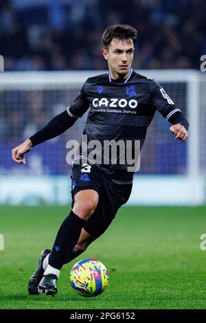 BARCELONA - FEB 13: Martin Zubimendi in action during the LaLiga match between RCD Espanyol and Real Sociedad at the RCDE Stadium on February 13, 2023 Stock Photo