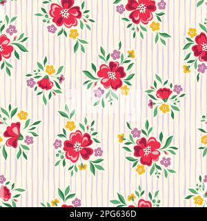Delicate Chintz Romantic Meadow Wild Flowers and Stripes Vector Seamless Pattern Stock Vector