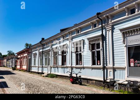 Typical street, traditional architecture, wooden houses in the old town, UNESCO World Heritage Site, Rauma, Satakunta, Finland Stock Photo